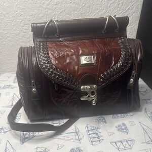 Brown Leather Duffel Bag with Embossed Pattern and Braided Detailing